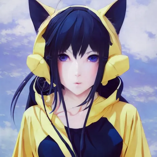 Image similar to a beautiful anime cyborg - girl with yellow eyes wearing a cat hoodie, wlop, ilya kuvshinov, artgerm, krenz cushart, greg rutkowski, hiroaki samura, range murata, james jean, katsuhiro otomo, erik jones, serov, surikov, vasnetsov, repin, kramskoi