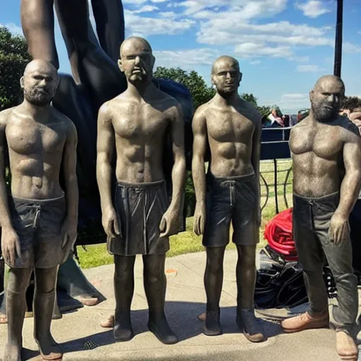 Image similar to group of young men worshipping giant statue of joe rogan and andrew tate in real life, 8 k, 4 k uhd, realistic, hyper realistic, super detailed, very detailed, detailed