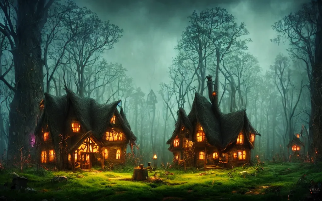 Image similar to gloomy fairytale forest with a singular witches cottage made of candy in the distance, visual novel key visual, award - winning digital art on pixiv, trending on artstation, cinematic lighting, dramatic lighting, epic cinematic, stunning and beautiful scenery - highly detailed, hyperrealistic, unreal engine 5, in the style of tim burton and guillermo del toro