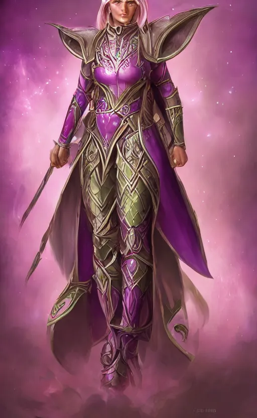 Image similar to a full body portrait of an elven woman with pink skin, and armor fit for a queen, wearing purple headphones, and smiling, dynamic lighting, photorealistic fantasy concept art, trending on art station, stunning visuals, creative, cinematic, ultra detailed