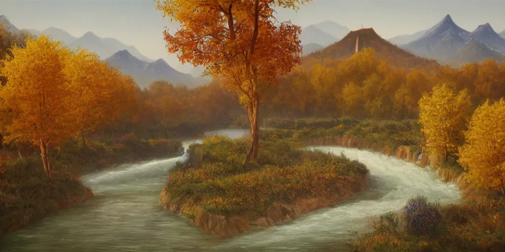 Image similar to painting of a FANTASY winery in BEIJING autumn, with a river winding through them. In the distance, there are mountains. by bob ross, Albert Bierstadt, oil on canvas, real photo taken with Polaroid camera, immaculate scale, hyper-realistic, trending on Artstation, 8k, detailed, atmospheric, immaculate