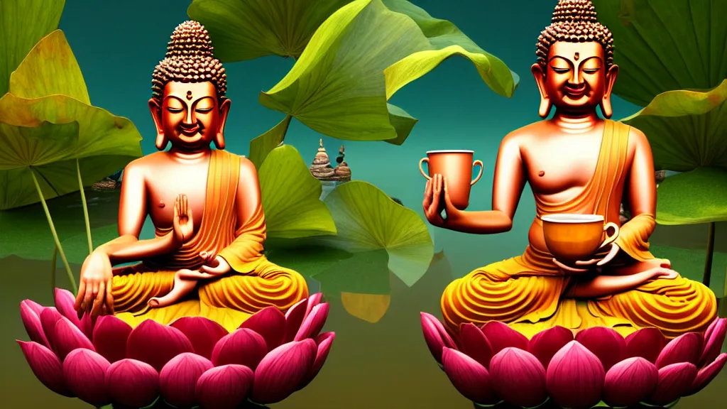 Image similar to a hyperdetailed painting of a happy buddha sitting on a lotus in deep meditation, one hand on his knee and the other hand holding a comically large cup of coffee, ambient occlusion, 3 d model, quantum fractals, magic realism, trending on artstation,