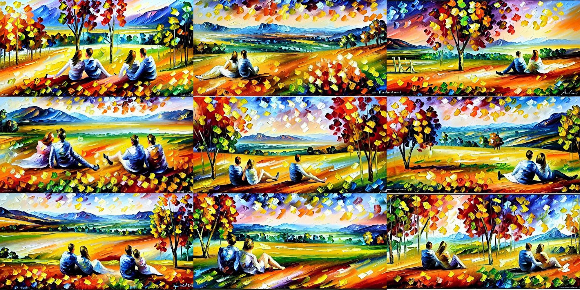 Prompt: a couple sitting on the ground, in a field, over - looking a valley. palette knife oil painting on canvas by leonid afremov.