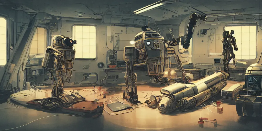 Image similar to concept art, intimate, retro, atomic age, droid repair workshop, 7 0 s aesthetics and palette, soft lighting, syd mead, akihiko yoshida, cinematic