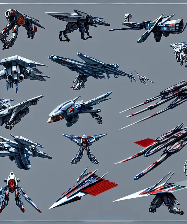 Prompt: 2 d shooter game concept art sprite sheet!!!, robotech gradius outer space concept art, hyperrealism, fine detail, 8 k, 3 d render, artgerm, artstation contest winner, cgsociety, cryengine, zbrush, vray, no background