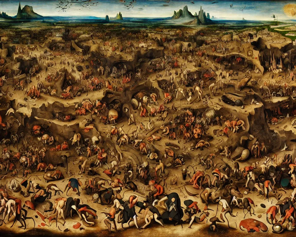 Image similar to doom eternal concept art by pieter brueghel, garden of eternal delights hell by hieronymus bosh, triumph of death by pieter brueghel