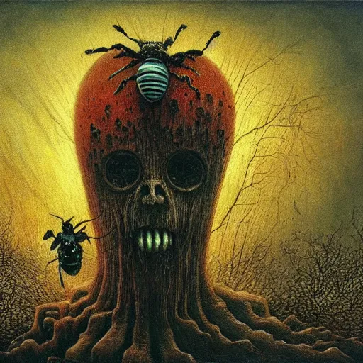 Prompt: horrifying bee, nightmare beksinski, eldritch, apocalypse, creepy creature, horror spooky