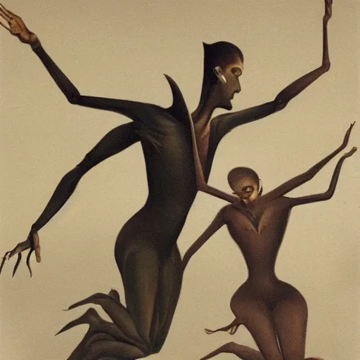 Image similar to Two elegant humanoid creatures fused at the shoulders dancing on their pointy limbs