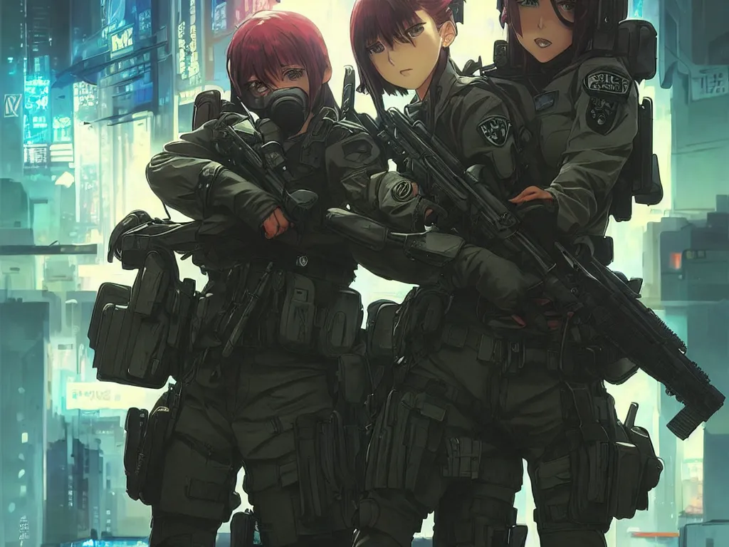 Image similar to anime key visual of a young female swat officer fighting male blood hound, neon, cyberpunk, futuristic, stunning, highly detailed, digital painting, smooth, soft focus, illustration, movie poster, japanese typography, digital art from artstation by artgerm and greg rutkowski and alphonse mucha