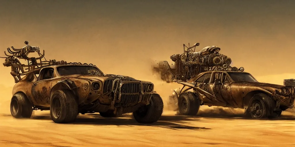 Prompt: an environmental concept art from mad max fury road, single muscle car speeding through the desert, exposing shiny engine, mechanical, highly detailed, cinematic, dramatic lighting by francis tneh