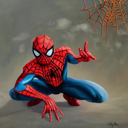 Prompt: spiderman kneels, praying to spider god, oil painting