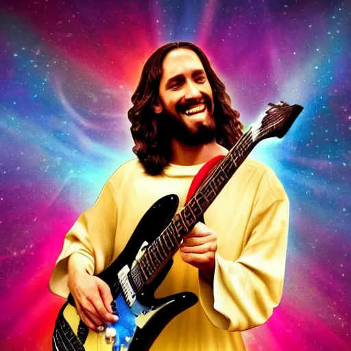 Image similar to a photo of Jesus Christ playing electric guitar smiling, HDR 8k