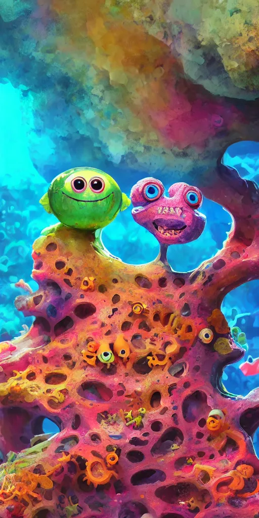 Prompt: of a colorful under water cave with strange cute friendly happy creatures with huge eyes, mouth, long tongue and round teeth appearing from sandy coral, in the style of gehry and gaudi, macro lens, shallow depth of field, ultra detailed, digital painting, trending artstation, concept art, illustration, cinematic lighting, photorealism, epic, octane render