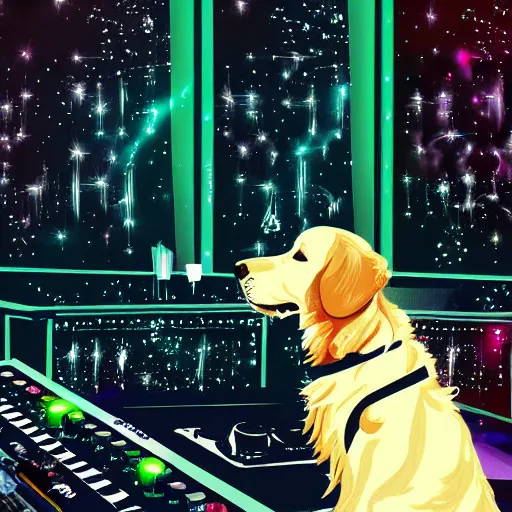 Image similar to a DJ Golden Retriever playing at a nightclub, digital art