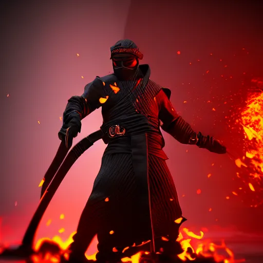 Image similar to a ninja with a sword in a fire background, 3 d render octane, trending on artstation