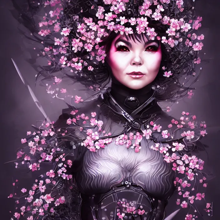 Prompt: a photograpic portrait of a anthropomorphic bjork cherry - blossom wearing futuristic black cyber outfit, fantasy, intricate, elegant, highly detailed, digital painting, artstation, concept art, smooth, sharp focus, illustration, art by artgerm