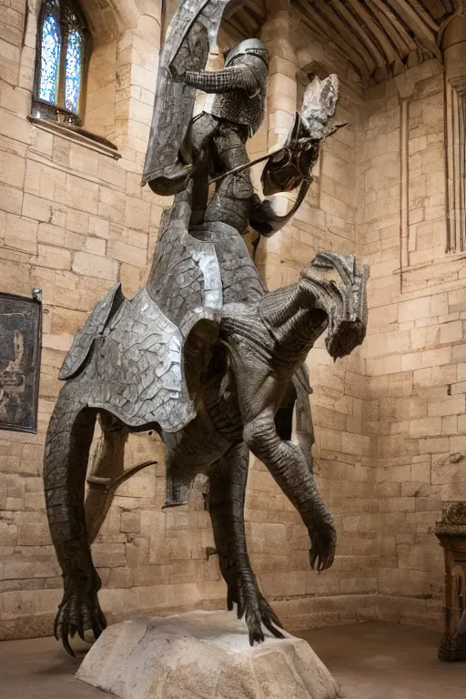 Image similar to medieval english, photo of stone statue, of a night in armor riding a dinosaur, romanesque style, in a large museum room