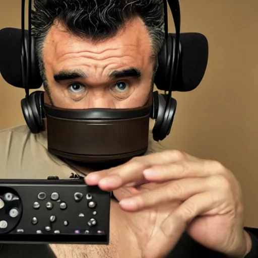 Prompt: obese Morrissey wearing a headset yelling at his monitor while playing WoW highly detailed wide angle lens 10:9 aspect ration award winning photography erasure head