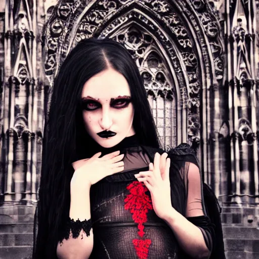 Image similar to gothic girl dressed in black, perfect face, macro head shot, behind her a gothic cathedral, perfect photo, no decaying lines, the windows of the cathedral are reflecting red flame lights, delicate mandala intricate ornaments