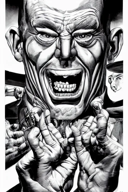 Prompt: three - quarter digital portrait of an evil smiling man by brian bolland, rachel birkett, alex ross, and neal adams | centered, deviantart, artgerm