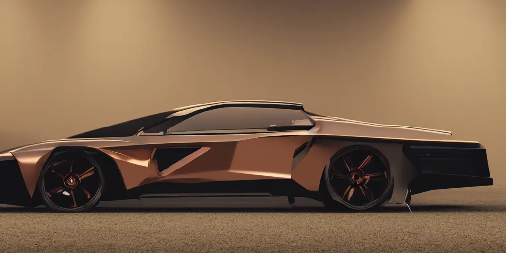 Image similar to a design of a futuristic DMC Delorian, designed by Polestar, blade runner background, back view, light copper car paint, black windows, sportscar, black show room, dramatic lighting, octane rendering, unreal engine rendering, hyper realistic render, depth of field, octane rendering