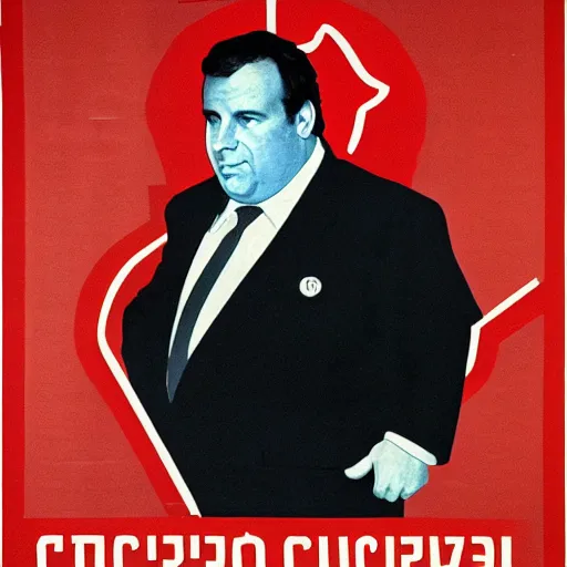 Prompt: chris christie. soviet propoaganda poster. soviet realism. monochromatic red. cheap printing, fading ink, torn edges