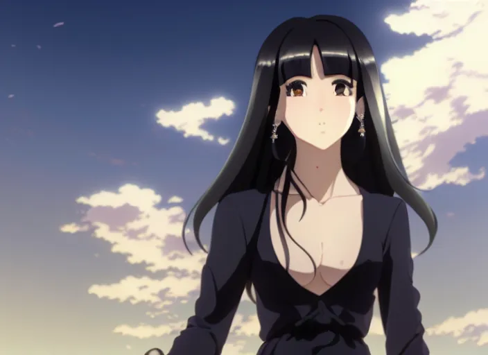 Image similar to a film still portrait of a fubuki as a confident woman, dark hair, black ornate dress, finely detailed features, closeup at the faces, perfect art, at an ancient city, gapmoe yandere grimdark, trending on pixiv fanbox, painted by greg rutkowski makoto shinkai takashi takeuchi studio ghibli, akihiko yoshida