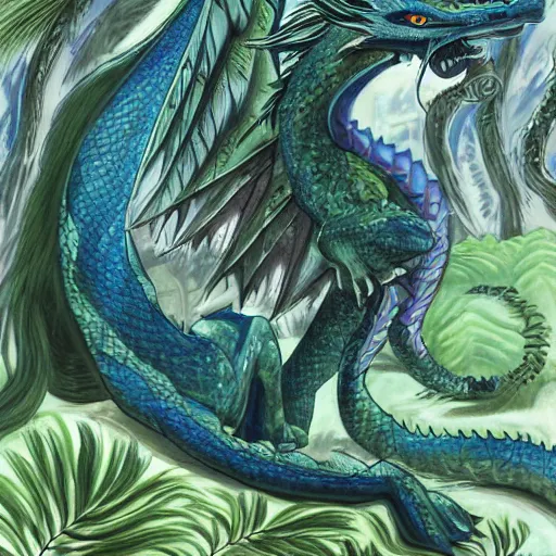 Prompt: A green and blue dragon with an elegant and long body and wolf like face, fur on its body and long leathery wings, sitting on a clearing in a flowery, jungle, detailed, mtg