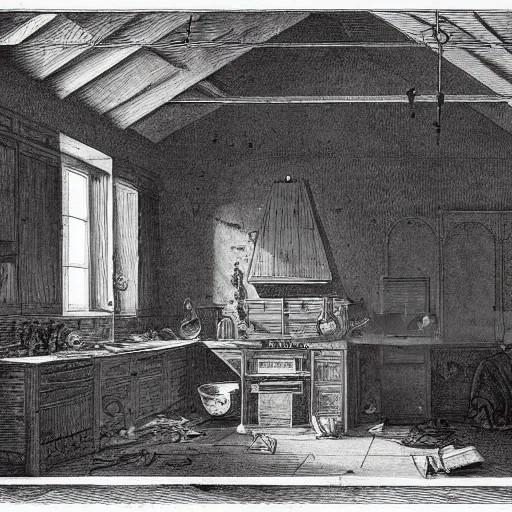 Prompt: kitchen of an abandonded house, illustration by Gustav Doré