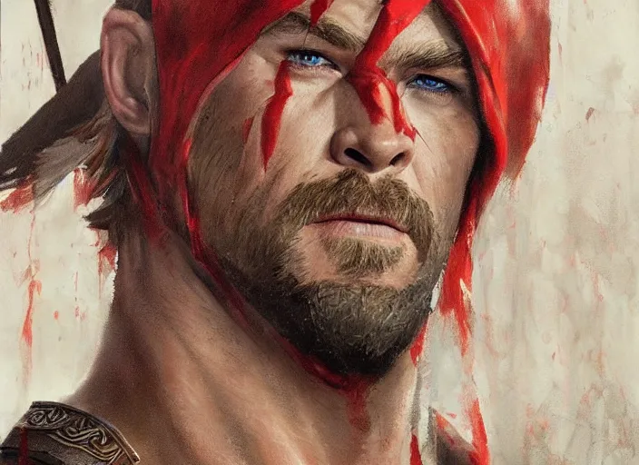 Image similar to a highly detailed beautiful portrait of chris hemsworth as kratos, by gregory manchess, james gurney, james jean