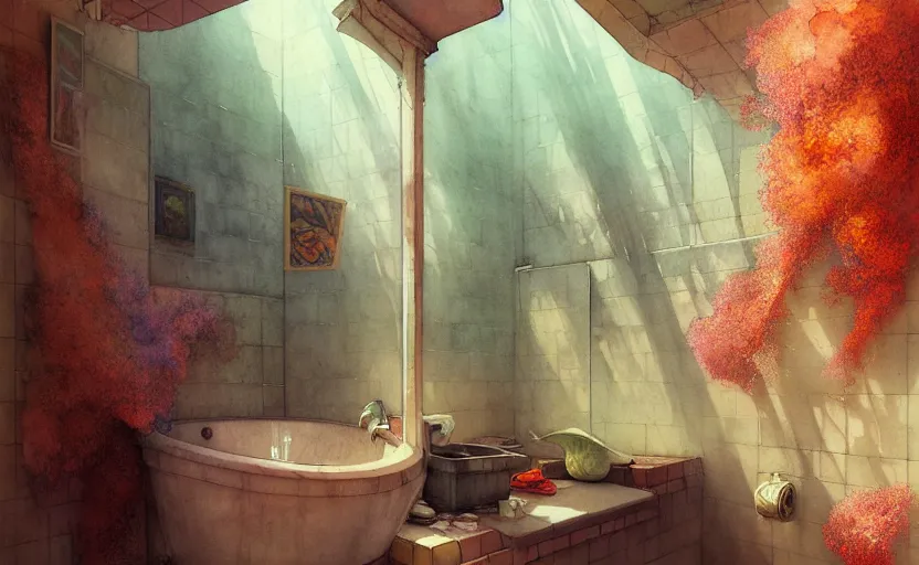 Image similar to bathroom, fantasy. intricate, amazing composition, colorful watercolor, by ruan jia, by maxfield parrish, by marc simonetti, by hikari shimoda, by robert hubert, by zhang kechun, illustration, gloomy