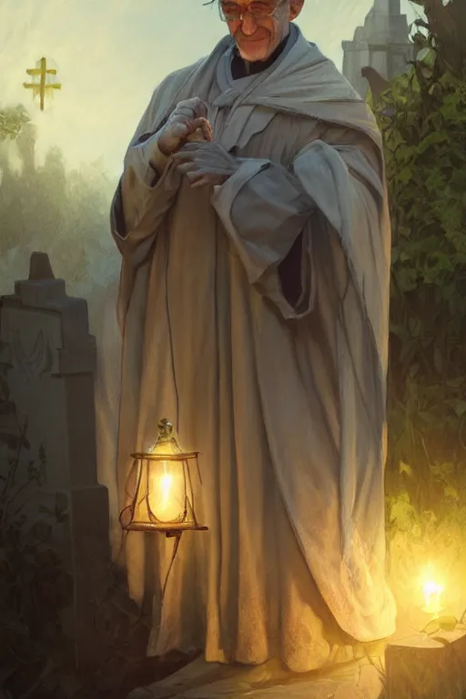 Image similar to male senior cleric holding a lantern in a cemetery, highly detailed, digital painting, artstation, concept art, smooth, sharp focus, illustration, art by artgerm and greg rutkowski and alphonse mucha and andrei riabovitchev