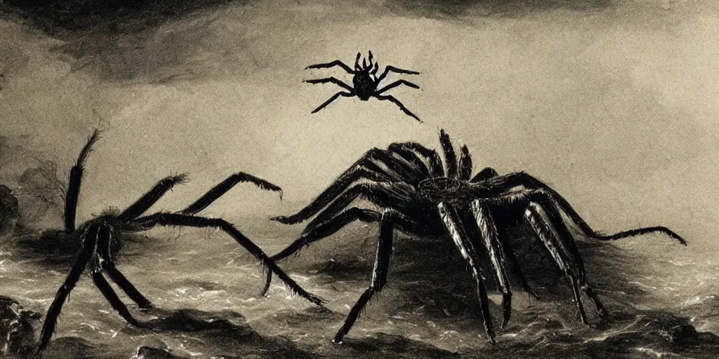 Image similar to hyperrealism Baptism on the river, monster spider in style of Goya