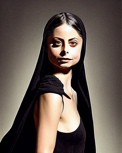 Image similar to style of hubert robert, rafeal albuquerque : : gorgeous willa holland : : evil witch, swirling black magic, black dress : : symmetrical face, symmetrical eyes : : full body pose : : gorgeous black hair : : magic lighting, low spacial lighting : :