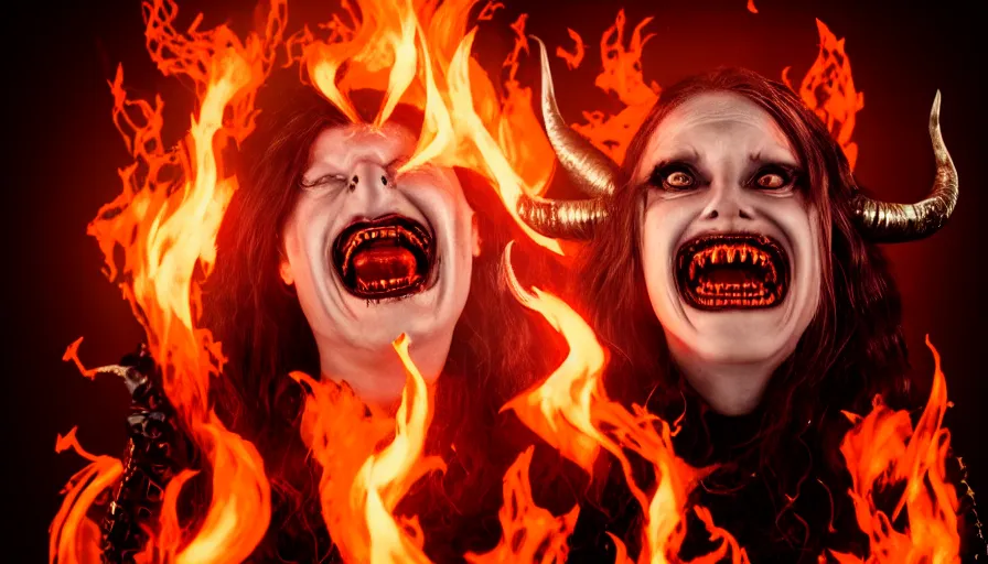 Image similar to portrait of a beatuiful sinister laughing woman with horns made of flames in gothic attire, horror, creepy vibe, looking into the camera, nightmare fuel, studio photography, studio lighting, realistic render, octane render, 4 k, 8 k, face in focus