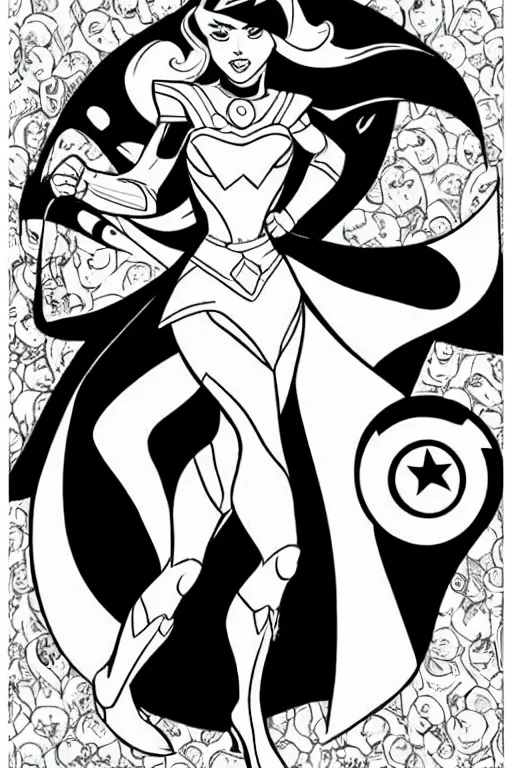 Prompt: princess superhero, disney, marvel, cape, dress, powerful, beautiful, in the coloring book style, black and white,