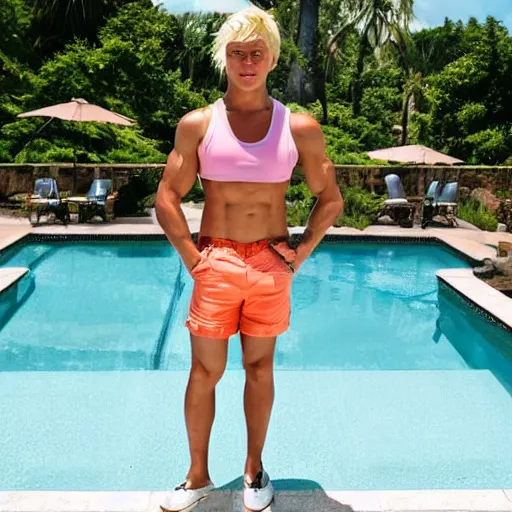 Prompt: a handsome man with blonde hair, ken, who is a male android, muscular, wearing a cut - off pink top and short light orange shorts, stands by a swimming pool, facing forward