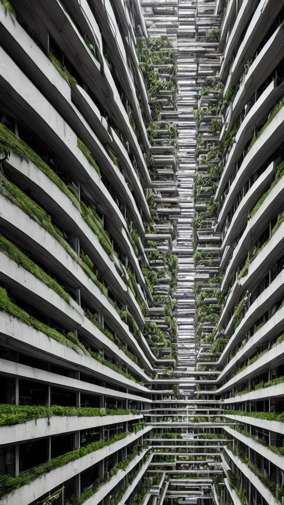 Prompt: photo in style of andreas gursky and piranesi. biopunk timber futuristic building in a urban setting. hyper realistic. cloudy morning. mossy buildings with deep tall balconies, plants, trees, and dozens of men and women in bright clothing. thin random columns. large windows with people. deep overhangs. 8 k, volumetric lighting.