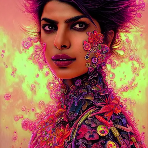 Image similar to portrait of priyanka chopra, hyper detailed masterpiece, neon floral pattern, jean giraud, digital art painting, darkwave goth aesthetic, psychedelic, artgerm, donato giancola and tom bagshaw