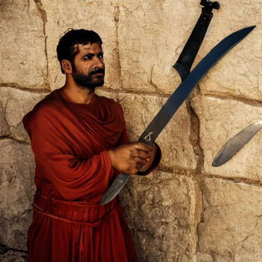 Image similar to award winning cinematic still of 40 year old Mediterranean skinned man in Ancient Canaanite clothing fixing a ruined, crumbled wall in Jerusalem, holding a sword and a chisel, dramatic lighting, nighttime, strong shadows, bright red hues, directed by Jordan Peele