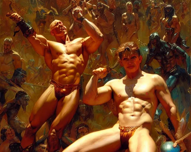 Prompt: muscular magician man, resurrecting the dead. highly detailed glossy matte oil painting by gaston bussiere, craig mullins, j. c. leyendecker, tom of finland