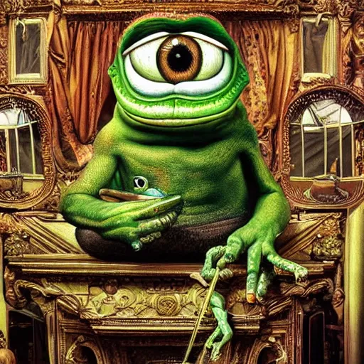 Prompt: a hyperrealistic detailed painting of an ornate museum of abominations, glass displays with pepe the frog, scientific specimens, oddities, cinematic lighting, depth perspective, depth of field, cinematic angle, by chris cunningham and richard corben, highly detailed, vivid color