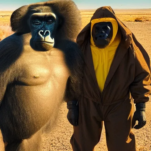Prompt: A photo of a gorilla in a hazmat suit standing next to Walter White, New Mexico desert, cinematic lighting