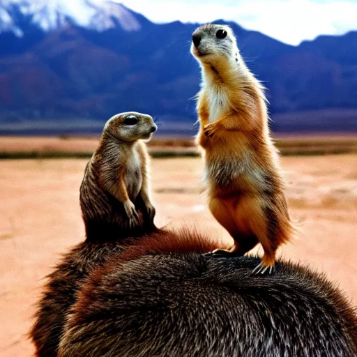 Prompt: Prairie Dog riding on the back of an Emu