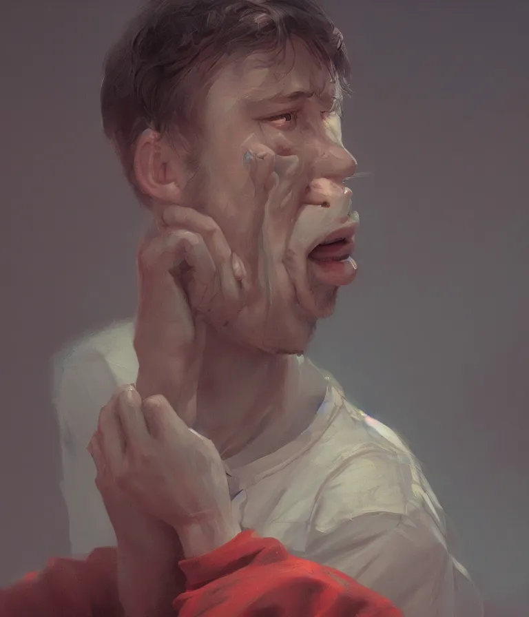 Image similar to a portrait of an overwhelmed young man in a painting from stalenhag, 4 k, 8 k, hdr, artstation, concept art