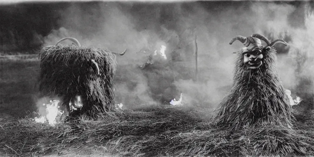 Image similar to 1 9 2 0 s photography of krampus hay monster burning, dolomites