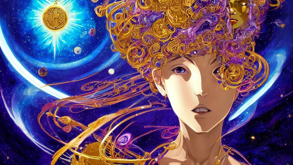 Prompt: a golden goddess with blue adornments quarter turn figurative anime portrait, in space, transcending to a higher plane, the eternal blessing the holy nexus, in the multiverse, lazer light beaming down to top of her head, by android jones, by ben ridgeway, by ross draws, by Noah Bradley, by Maciej Kuciara + illustrative + visionary art + low angle + oil painting + Visionary art, profile portrait, artgerm, featured in artstation, elegant, Moebius, Greg rutkowski Wadim Kashin, artgerm, XF IQ4, f/1.4, ISO 200, 1/160s, 8K, RAW, featured in artstation, octane render, cinematic, elegant, intricate, 8k