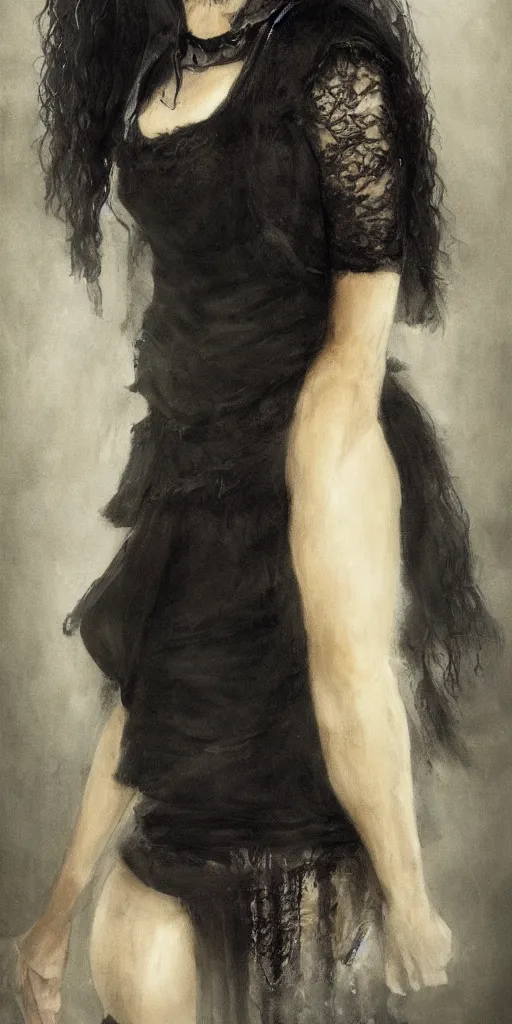 Image similar to A portrait of the character, Death, a young Goth girl wearing a black vest