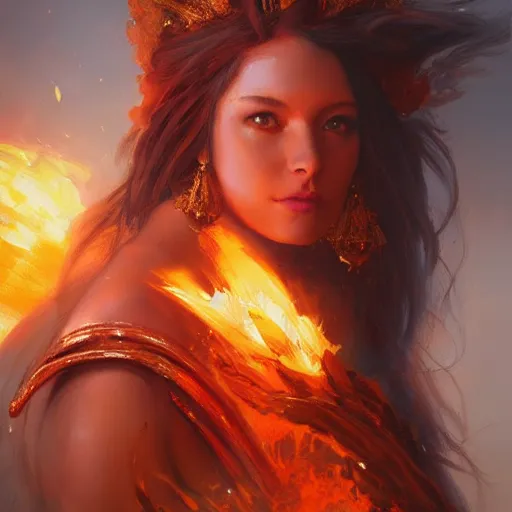 Image similar to a beautiful portrait of a fire goddess, flaming background, a detailed painting by greg rutkowski and raymond swanland, featured on cgsociety, fantasy art, detailed painting, artstation hd, photorealistic