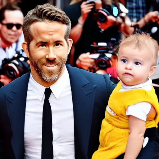 Image similar to cinematic shot of Ryan Reynolds with a baby head